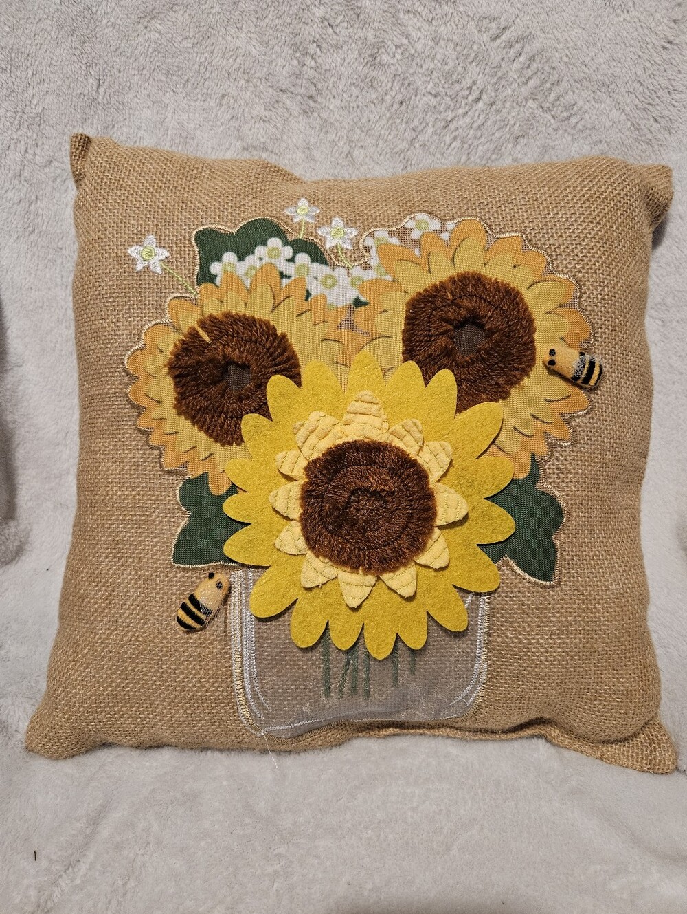 Burlap Sunflower Bouquet Decorative Throw Pillow - Yellow & Brown
